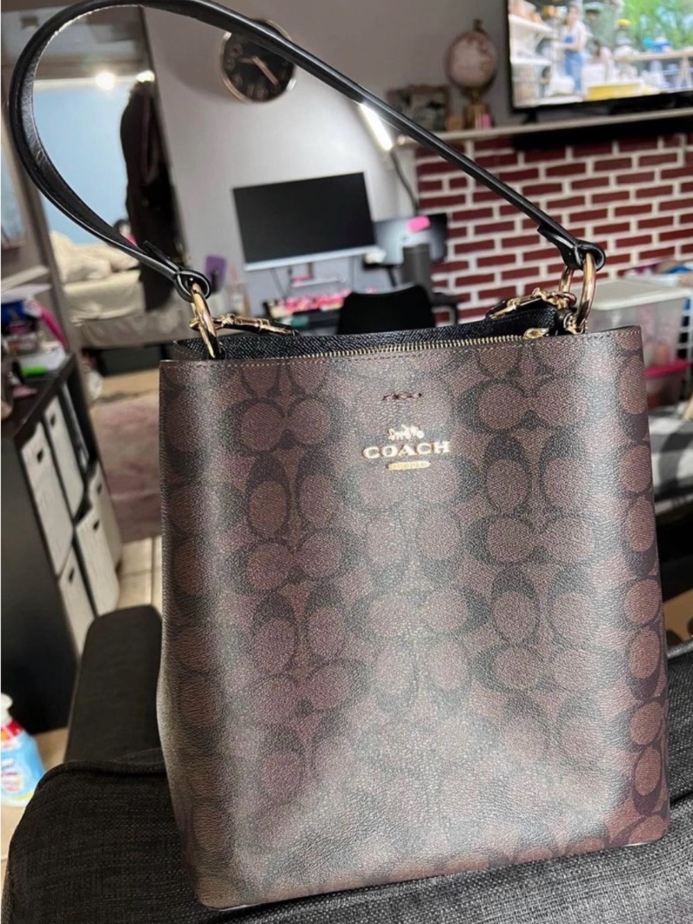 Coach Brown Signature Print Shoulder Bag with Gold Logo